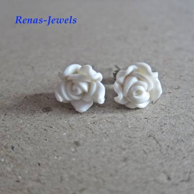 Blumen Ohrstecker Weiß Grün Silberfarben – Ohrringe Rose aus Polymer Clay, handgefertigt