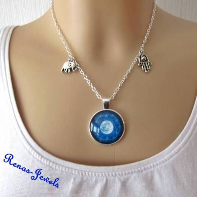 Glas Kette kurz blau silberfarben Mandala Blume des Lebens Cabochon Anhänger