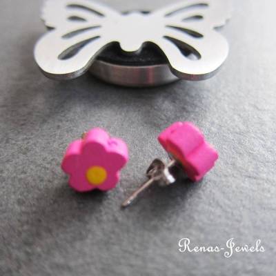 Holzohrstecker Blume pink gelb – Silberfarbene Holz Ohrstecker Ohrringe handgefertigt
