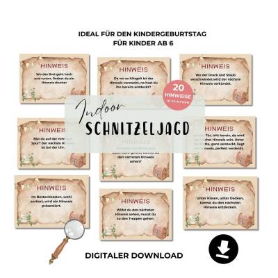 Indoor Schnitzeljagd für Kinder, Schatzsuche für Zuhause, Kindergeburtstag Schnitzeljagd in Reimform zum Ausdrucken PDF