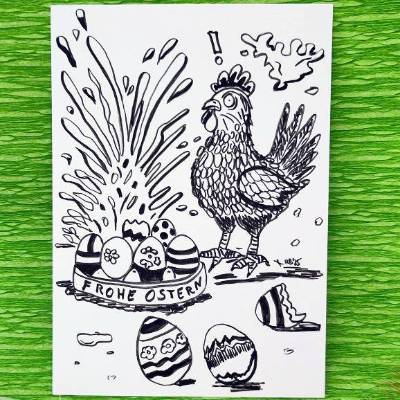 SALE -30% (Code: NEUEABENTEUER) | Lustige Osterpostkarte mit Huhn Huch, das war wohl zu viel!
