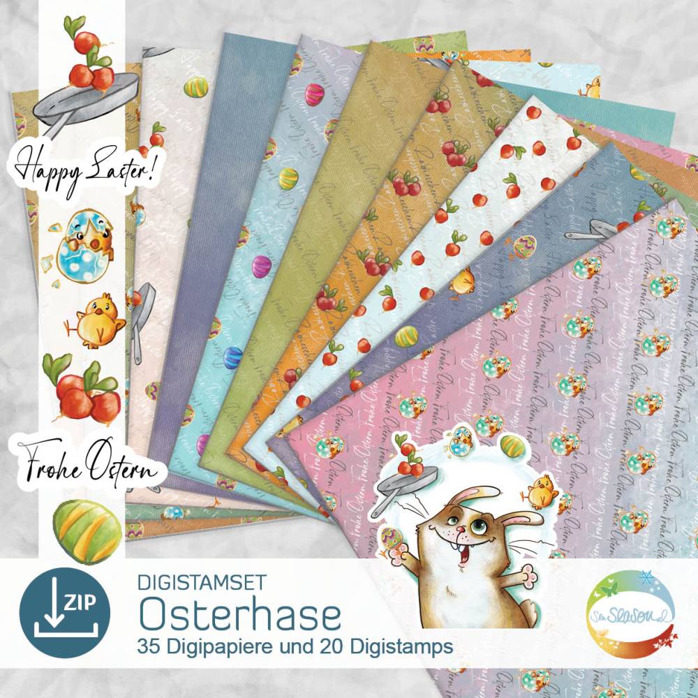 Digistampset Osterhase, Digipapier, Osterei, Jonglierender Hase, Ostern, Radieschen, Küken, Design von senSEASONal Bild 1