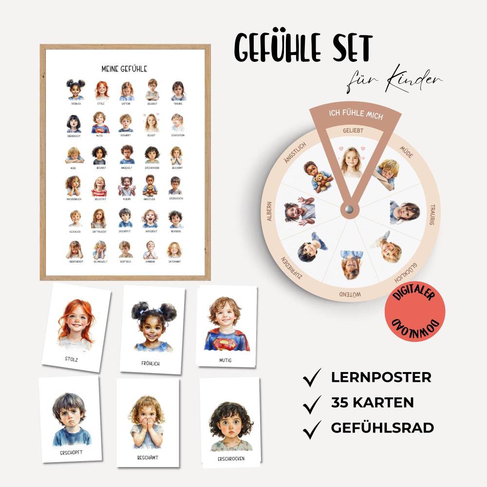 Gefühlskarten für Kinder, Montessori Lernmaterial, Gefühle Set mit Gefühlsrad, Lernposter und Gefühlskarten Bild 1