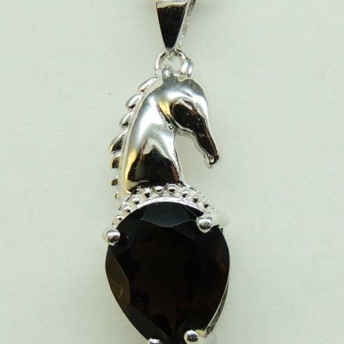 3,75 Carat Rauchquarz Pferde Anghanger 925 Silber Colier Kette