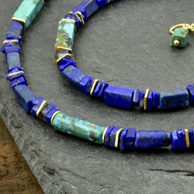 Lapislazulikette mit Türkis vergoldetem 925er Silber Lapis Lazuli-Scheiben, Rechtecke, Quadratische Halskette dunkelblau