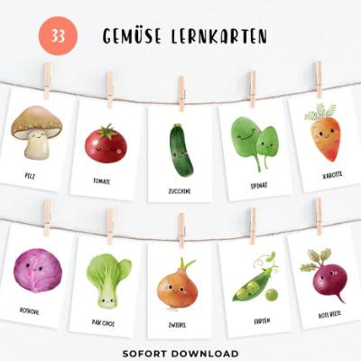  Lernkarten Gemüse für Kinder, Einkaufskarten im Montessori Stil, Flashkarten Gemüsesorten, PDF zum Ausdrucken, Kleinkin