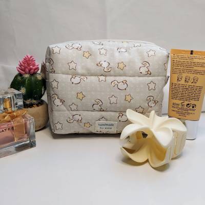 Kosmetiktasche Ente & Sterne – Kleine Make up Tasche grau, gesteppt, 16x11x10 cm