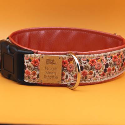 Hundehalsband oder Hundegeschirr MONA – Vintage, Blumenmuster, Kupfer, Beige, Senfgelb, Orange, Herbstfarben