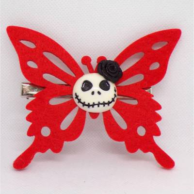 Schmetterling Filz Skull Haarspange mit Rose – Gothic Rockabilly Sommer Accessoire