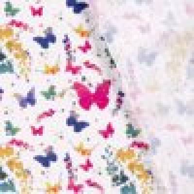 Musselin bunte Schmetterlinge und Sprenkel auf weiß, Stoffe Meterware