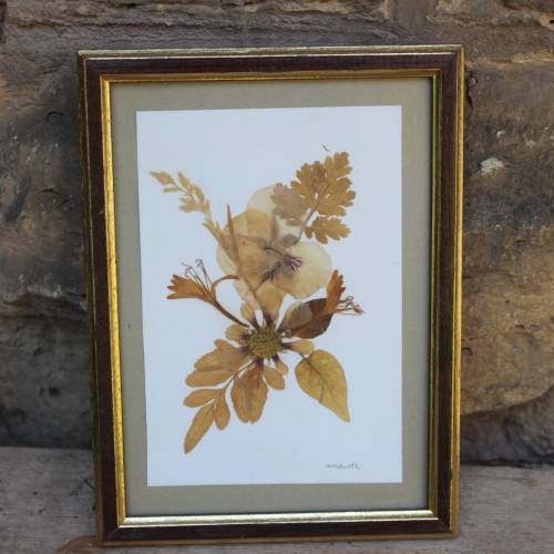 Bild mit Trockenblumen Stroh gepresste Blumen Handmade Holzrahmen 70er Jahre Midcentury