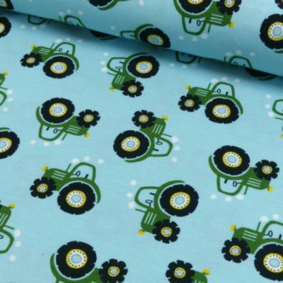  Jersey  Stoff  Kinderstoff  Traktor  Traktoren  Hellblau
