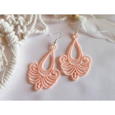 Ohrringe lachs rosa Spitze, groß und leicht, gestickt, Lace Frühling, Statementohrringe