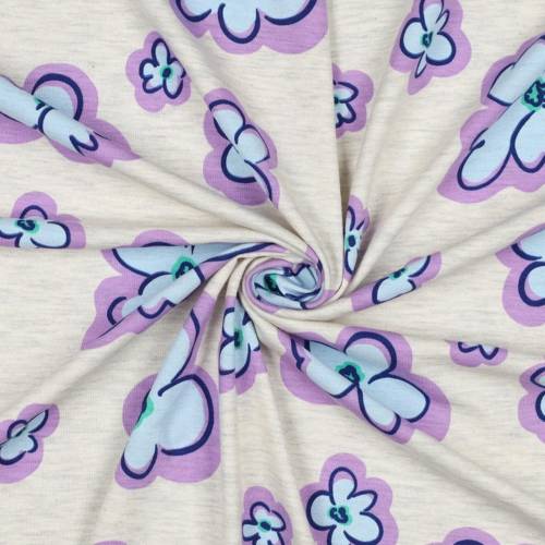 Baumwolljersey - melange mit lila Blüten - S&W Stoffe