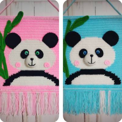 Gehäkeltes Panda-Wandteppich, handgemachte Wanddekoration, Babyzimmer-Deko, niedliches Tierdesign, Geschenk für Kinder. 