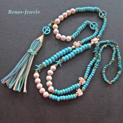 Lange Edelstein Kette Türkis Howlith blau cremeweiß goldfarben mit Quaste & Anhänger – Boho Bettelkette