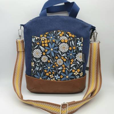 Umhängetasche/Schultertasche Canvas Blüten blau