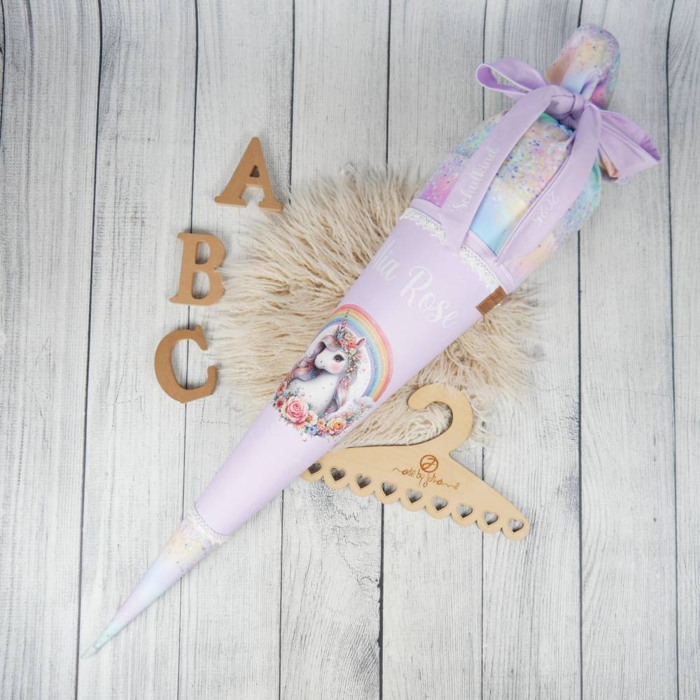 Schultüte Stoff Einhorn Regenbogen bunt Flieder 70cm 85cm   *personalisierbar und mit Kisseninlet Bild 1