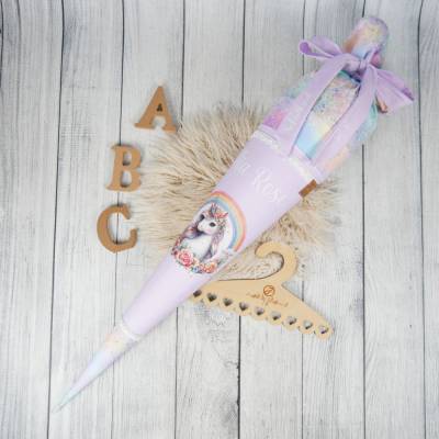 Schultüte Stoff Einhorn Regenbogen bunt Flieder 70cm 85cm   *personalisierbar und mit Kisseninlet