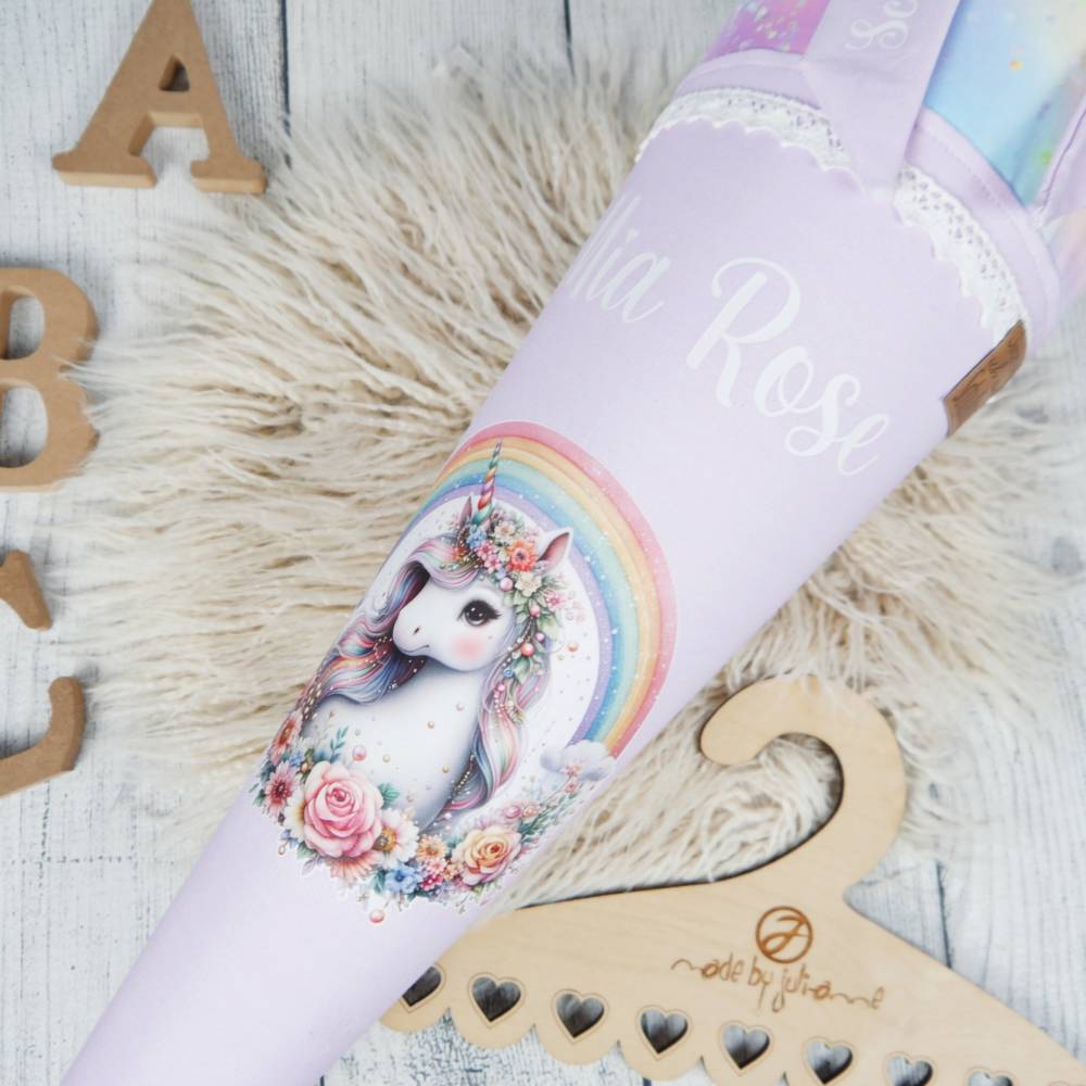 Schultüte Stoff Einhorn Regenbogen bunt Flieder 70cm 85cm   *personalisierbar und mit Kisseninlet Bild 2