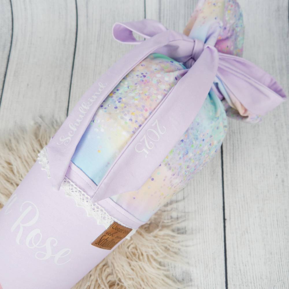 Schultüte Stoff Einhorn Regenbogen bunt Flieder 70cm 85cm   *personalisierbar und mit Kisseninlet Bild 3