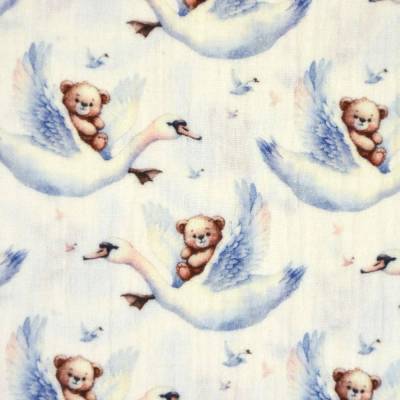 Ecrufarbener Musseline mit Schwan und Bär Teddy Double Gauze 50 x 135 cm Stoff ♕