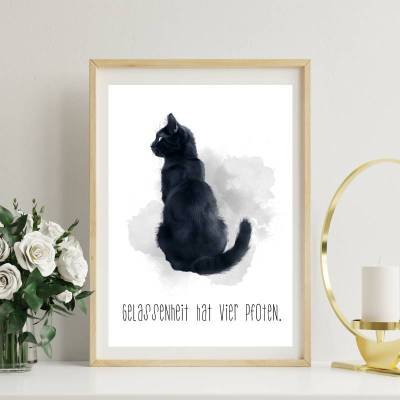 Minimalistisches Katzen-Poster – "Gelassenheit hat vier Pfoten" - auch als Postkarte