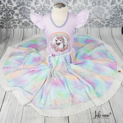 Drehkleid - Kleid mit Drehrock Einhorn Regenbogen Flieder  #Einschulung