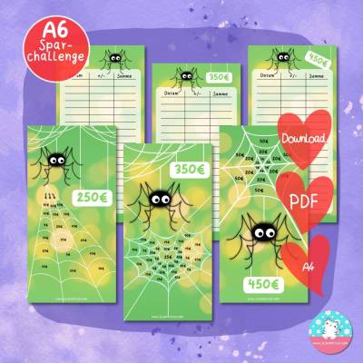 Sparchallenge Spinne Fipps - Geld sparen - PDF A4  - Bundle 250 350 450 Euro