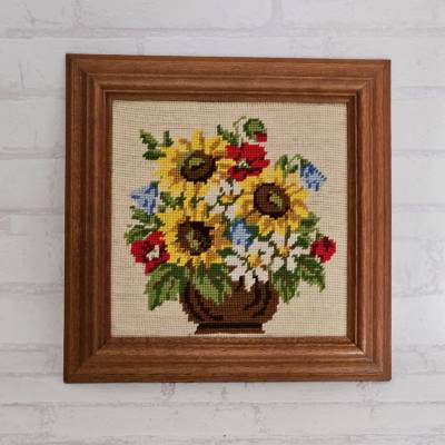 Vintage Gobelin Stickbild Blumen Stillleben echte Handarbeit Echtholzrahmen bunt Sonnenblumen Dekoration Landhaus
