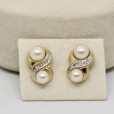 Elegante Damen Ohrstecker Vergoldet mit Muschelkern Perlen und kleine Kristalle Festlich