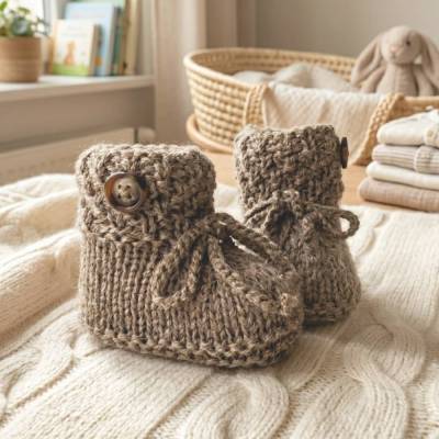 Babyschuhe gestrickt aus Alpaka Wolle – Strickschuhe Baby - naturfarben, Geschenk zur Geburt - Naturgarn, braun