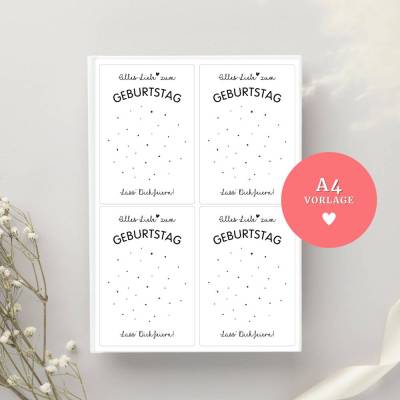 Karten für Geschenktüten PDF Datei A4 "Alles Liebe zum Geburtstag" | Download zum Ausdrucken