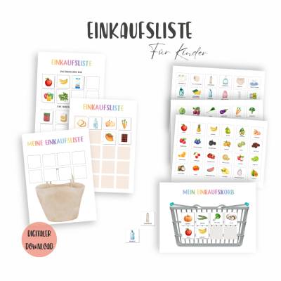 Einkaufsliste Kinder, Einkaufszettel Montessori, Einkaufen lernen, Einkaufsplaner Kinder Einkaufshilfe PDF