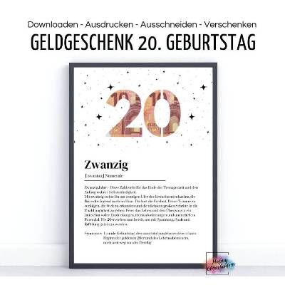 Geldgeschenk zum 20. Geburtstag, Glückwunsch Karte, Definition, 20 Jahre, zwanzig, PDF Download zum Ausdrucken