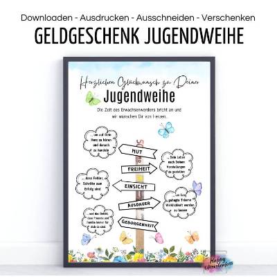 Geldgeschenk zur Jugendweihe "Wegweiser", Karte, Idee Geld verschenken verpacken, A4 PDF Download Ausdrucken