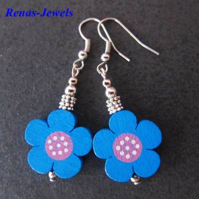 Holzohrringe Ohrhänger Blume blau silberfarben handgefertigt Blumenohrringe Holz Schmuck