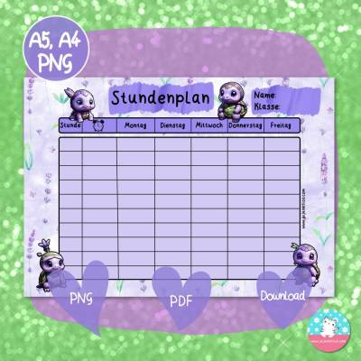 Stundenplan Lavendel Schildkröten - Kawaii - PDF A4 Download - DIN A5 & A4 - PNG