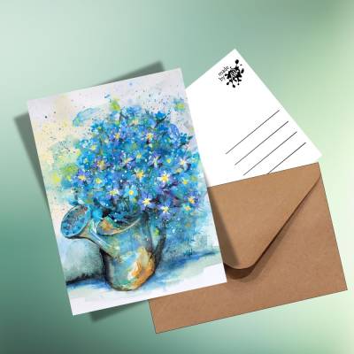 Vergissmeinnicht Postkarte in Gießkanne – Naturpapier, Frühling & Ostern