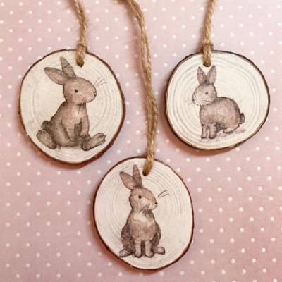 3 Anhänger aus Holzscheiben, Hasen, Häschen, Ostern