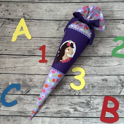 zauberhafte Schultüte / Zuckertüte 70cm aus Stoff mit Pferd und Blumen Blütenzauber Lila