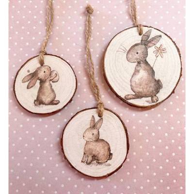 3 Anhänger aus Holzscheiben, Hasen, Häschen, Ostern