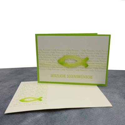 Glückwunschkarte Kommunion, Konfirmation & Firmung – Fisch Maigrün, handgemacht, mit Umschlag & Einlegeblatt