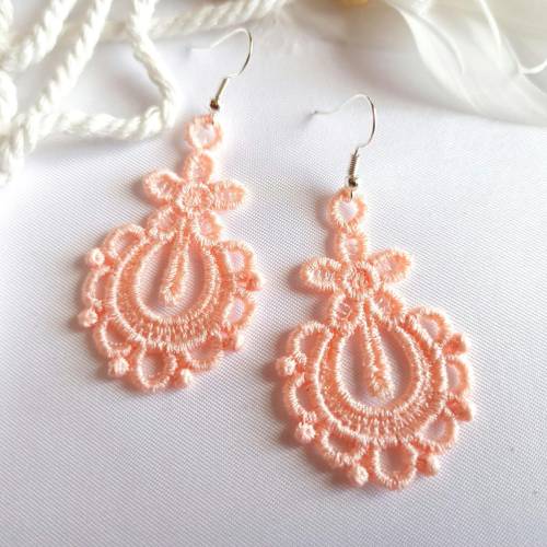 Ohrringe lachs rosa gestickte Spitze, groß und leicht, gestickt, Lace Frühling, Statementohrringe