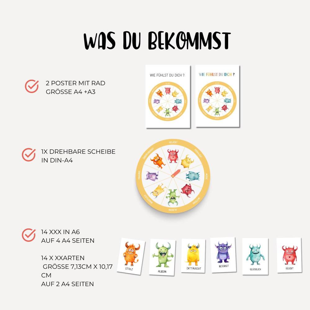 Gefühlskarten Monster für Kinder, Gefühlsrad Montessori,  Lernkarten Emotionskarten zum downloaden Bild 2