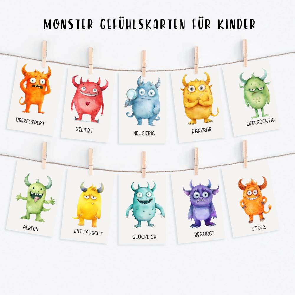 Gefühlskarten Monster für Kinder, Gefühlsrad Montessori,  Lernkarten Emotionskarten zum downloaden Bild 3