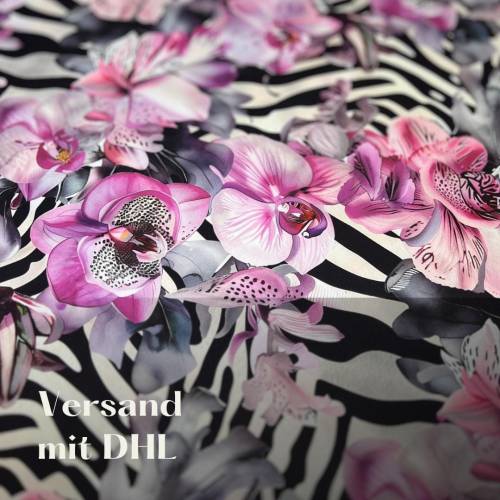 Baumwollsatin Meterware bedruckt, -Baumwolldruck Satinstoff,  Baumwollstoff Animalprint, Baumwolle Orchideen