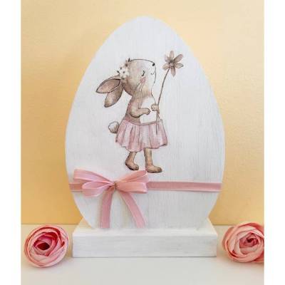 Osterei aus Holz auf Sockel, weiß/rosa, Ostern