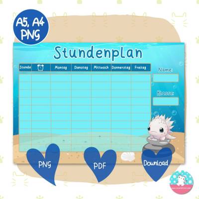 Stundenplan Axolotl - Kawaii - PDF A4 Download - DIN A5 & A4 - PNG