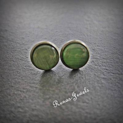 Ohrstecker Katzenauge Perlen grün bronzefarben – elegante Ohrringe mit schimmernder Perle